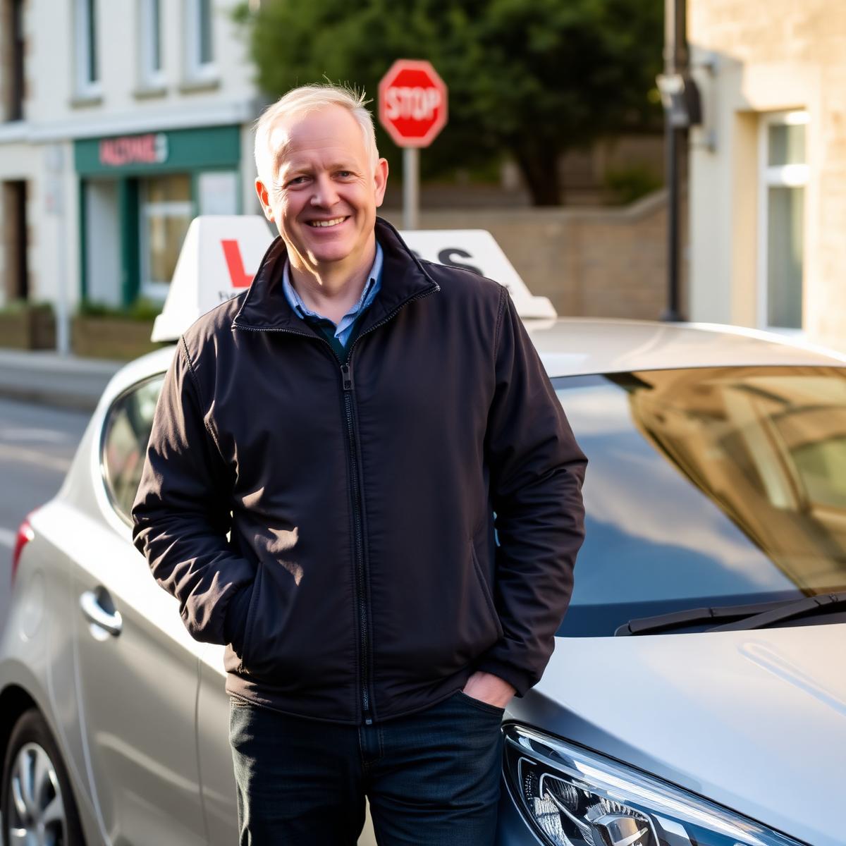 David Brough standing beside his dual-controlled driving school car