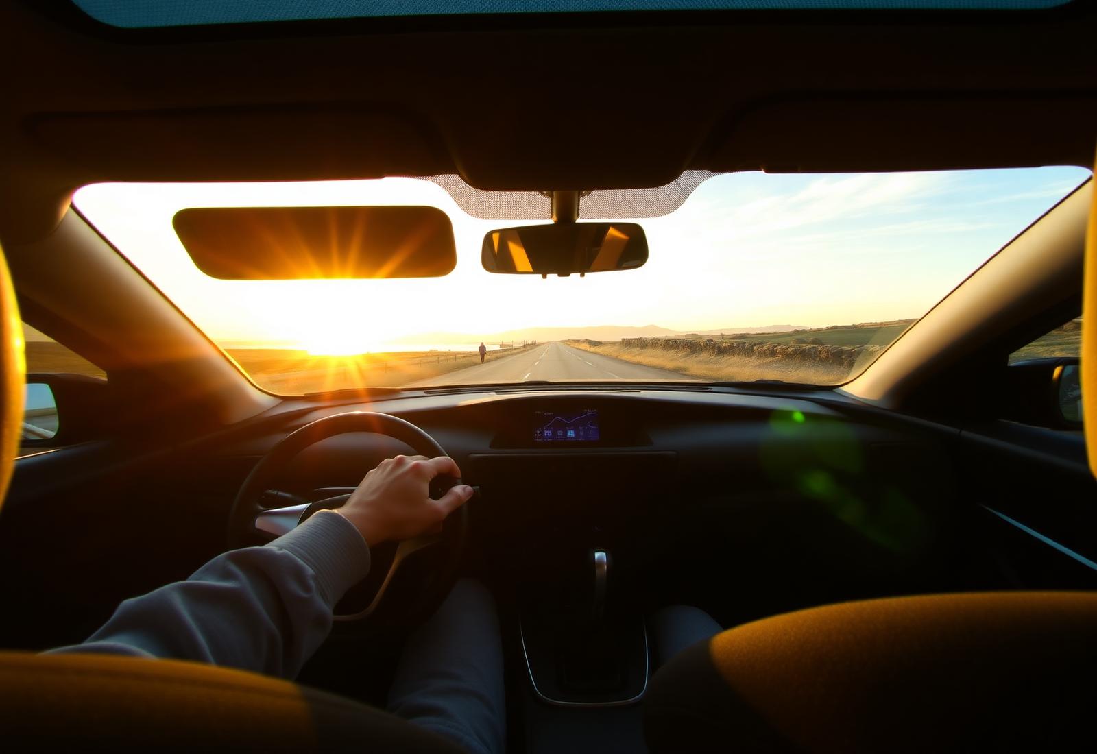 Learner driver at the wheel on a quiet East Lothian road at golden hour